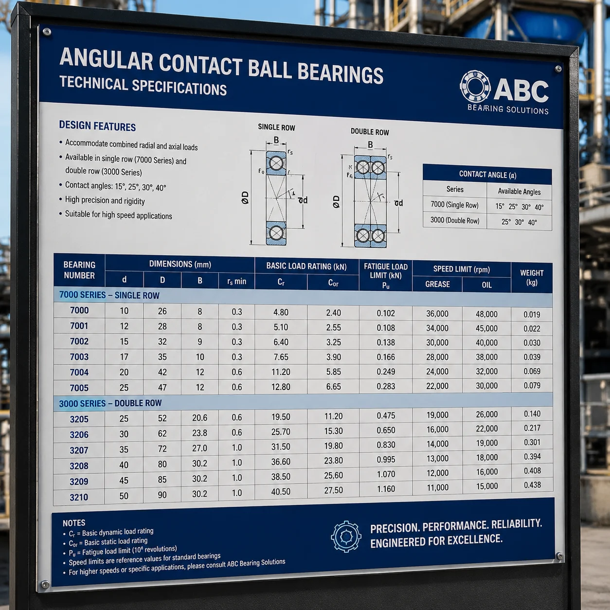Angular contact ball bearing specification chart detailing ABEC precision grades