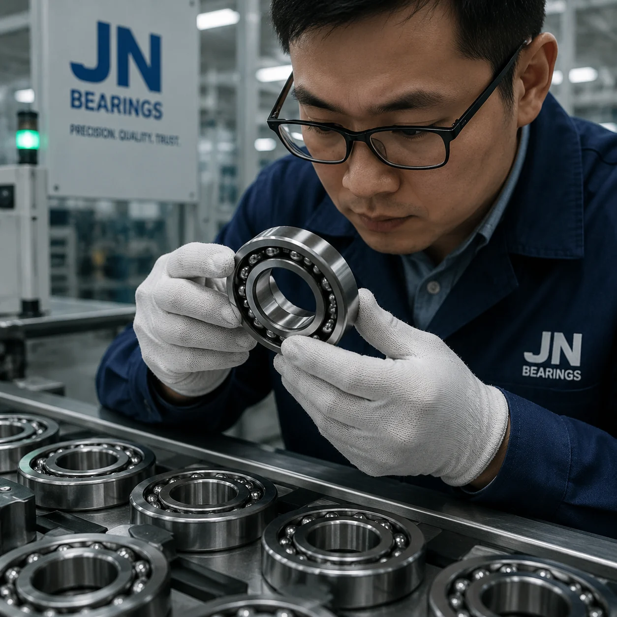 Automated ball bearing production line with precision manufacturing equipment at JN Bearings