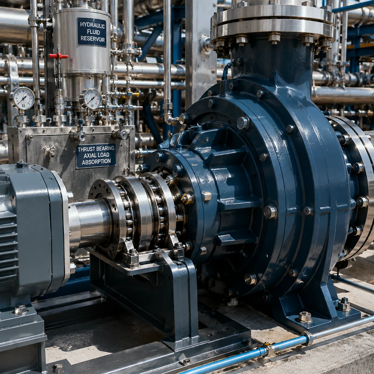 Axial thrust absorption in fluid pumps using thrust bearings