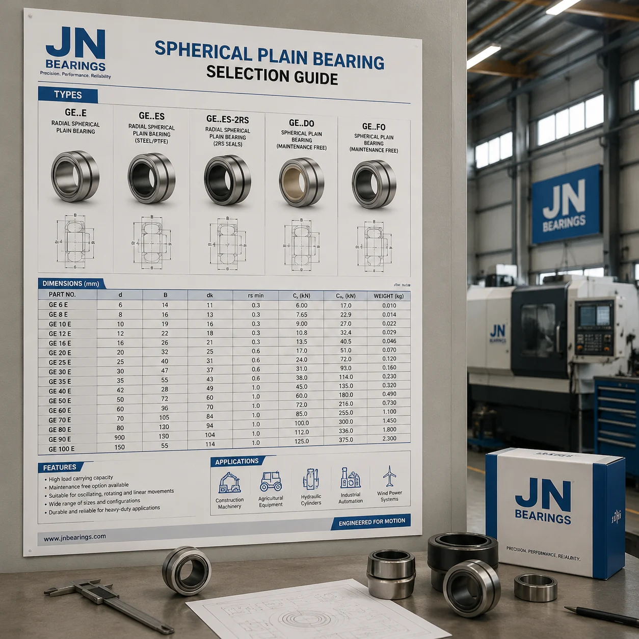 Ball bearing selection guide diagram showing bearing dimensions and types