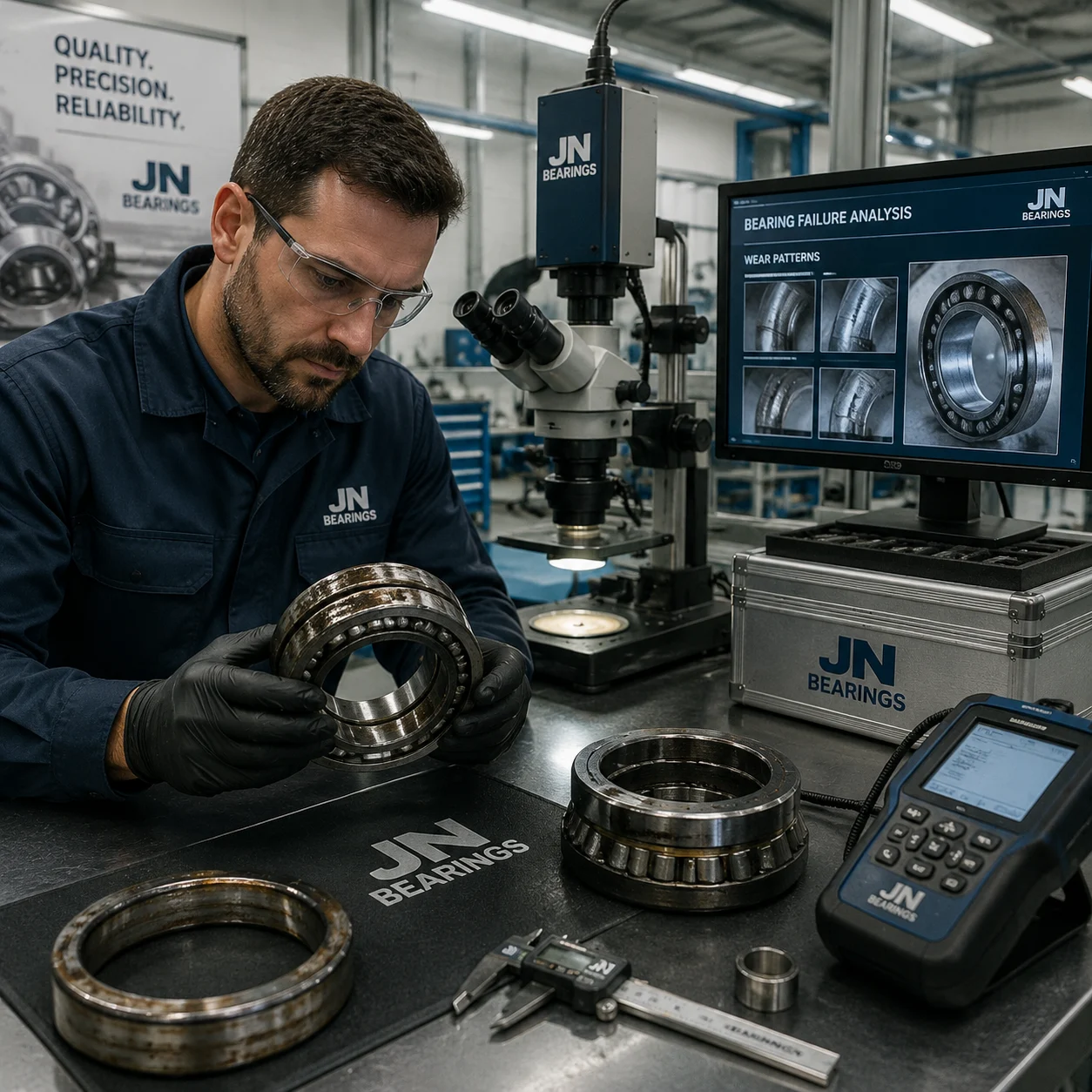 Bearing failure analysis showing common wear patterns and diagnostics