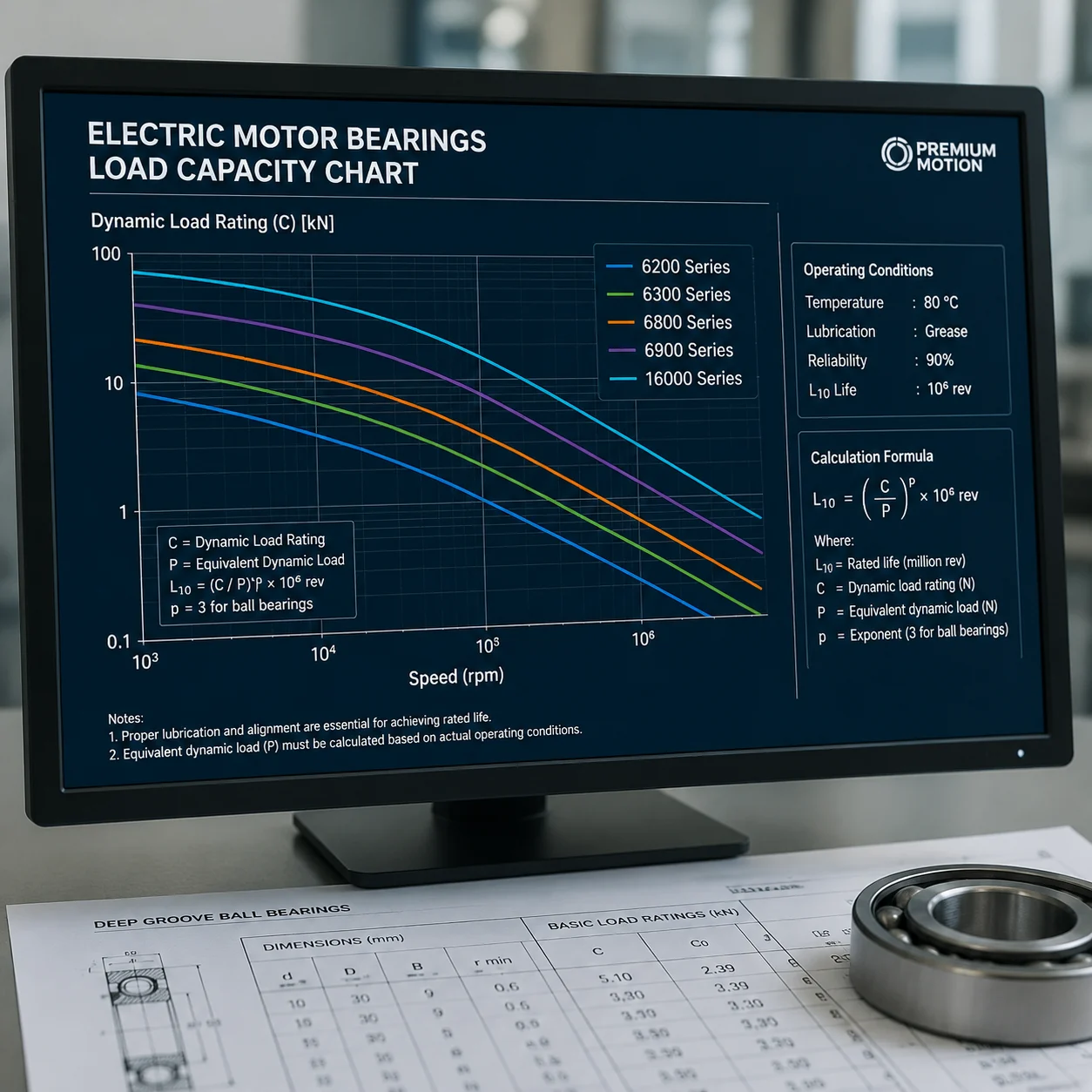 Bearing load capacity chart for electric motor bearing selection