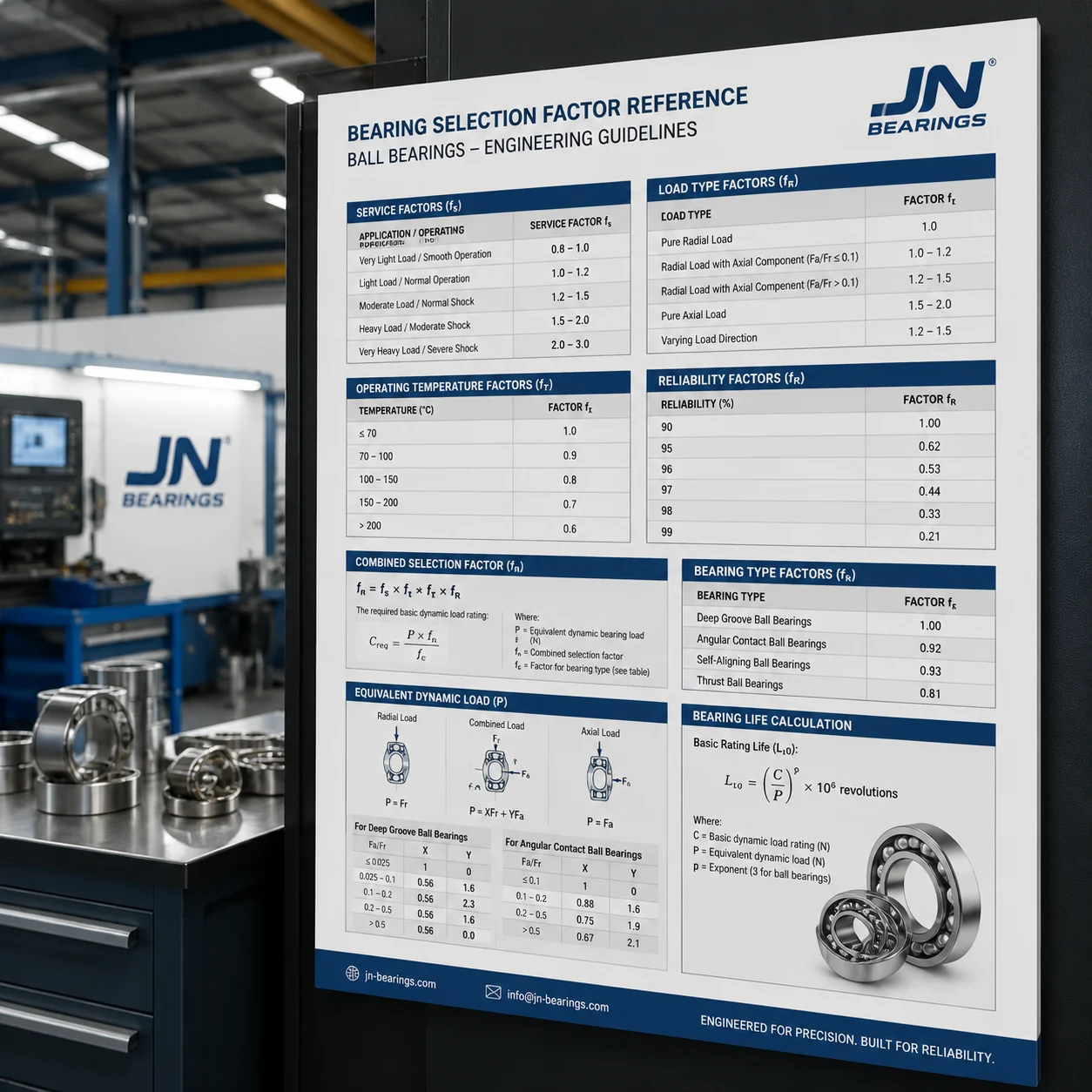 Bearing selection factor reference table for industrial ball bearing engineering