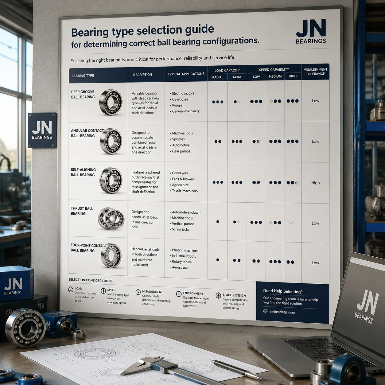Bearing type selection guide for determining correct ball bearing configurations