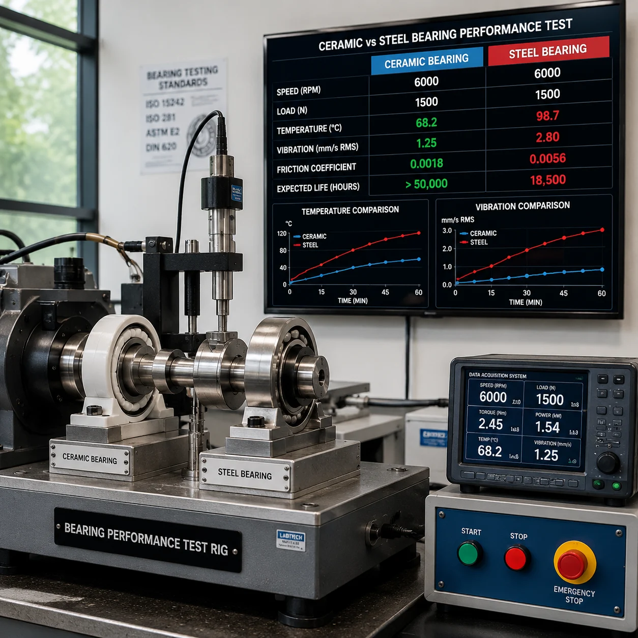 Ceramic bearing performance test results showing comparison data between ceramic and steel bearings