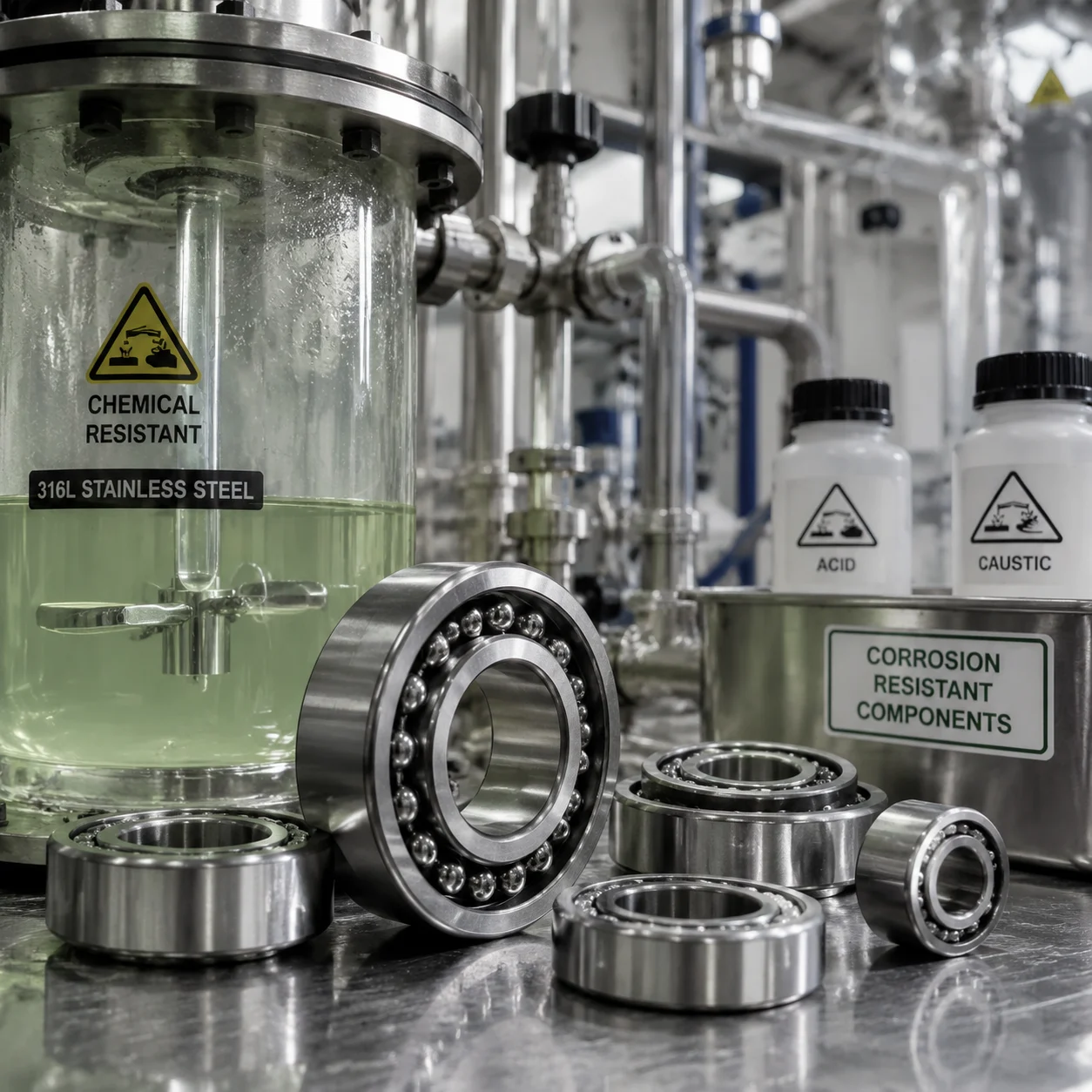 Chemical resistant stainless bearings for reactor agitators and pumps