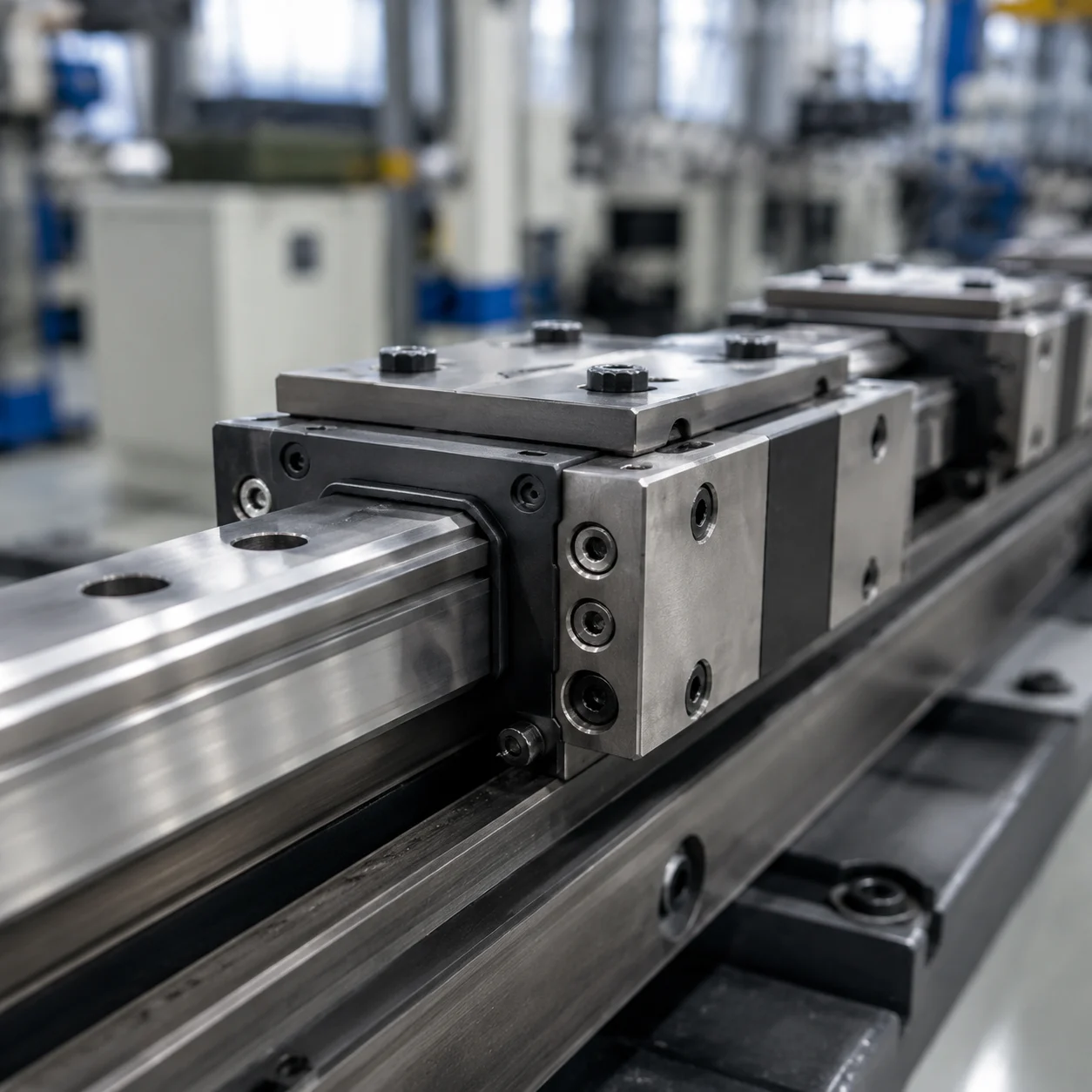 Close-up of industrial rail bearings used in machinery