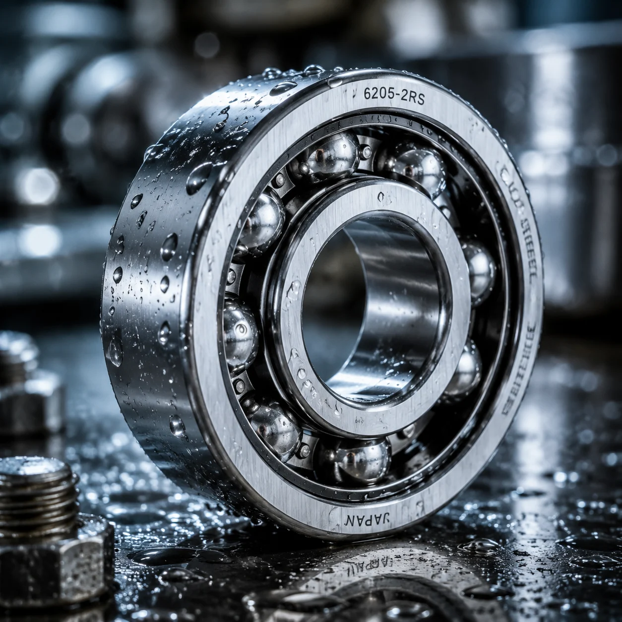 Corrosion-resistant stainless steel ball bearing in a wet washdown environment