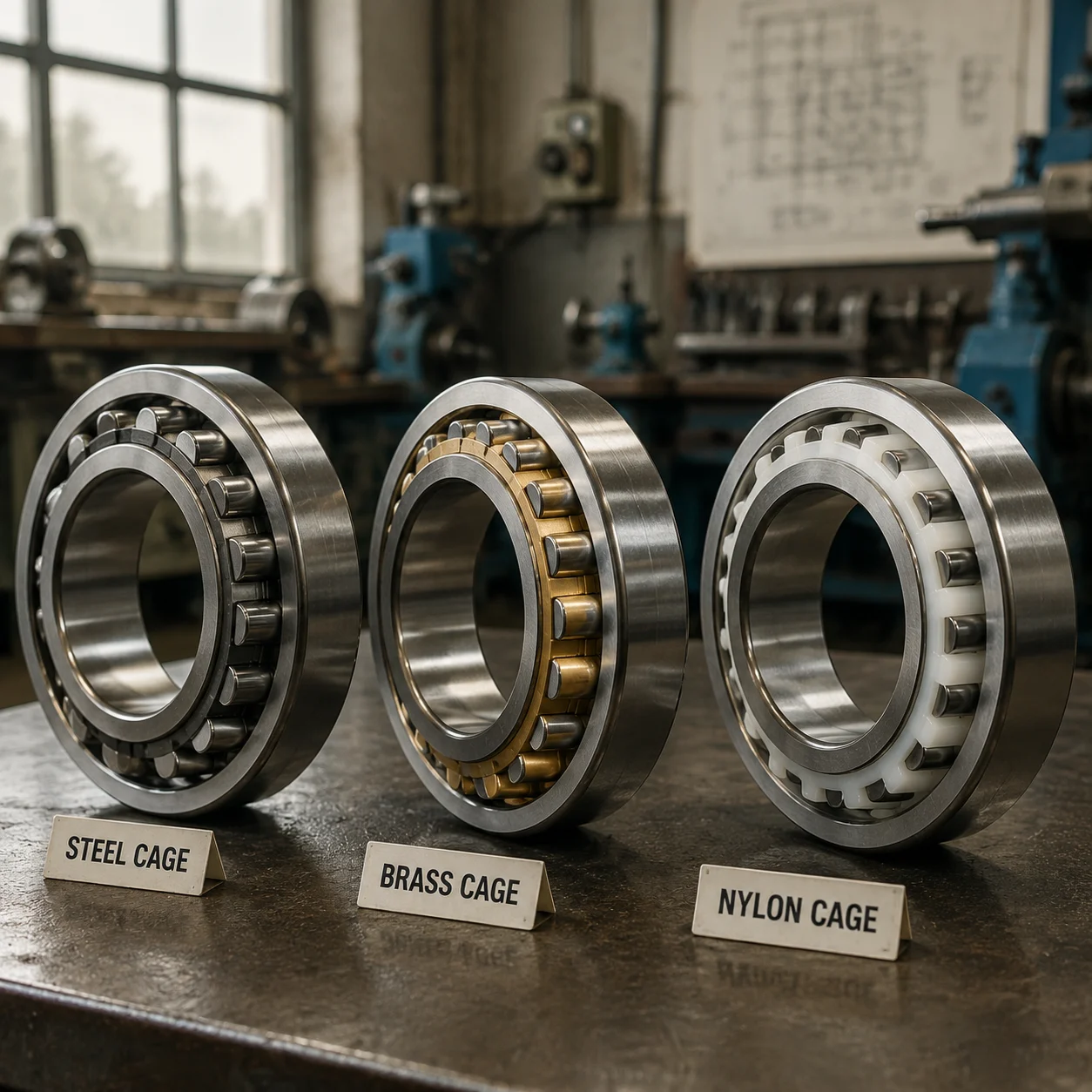 Deep groove ball bearing cage materials including steel, brass, and nylon