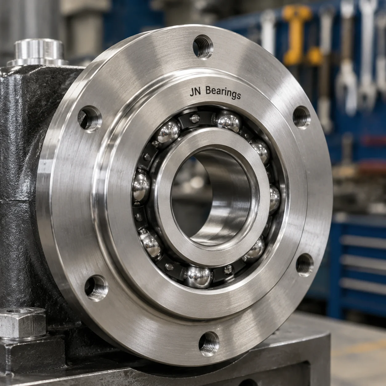 Detailed view of a flanged ball bearing highlighting the integral outer-ring flange