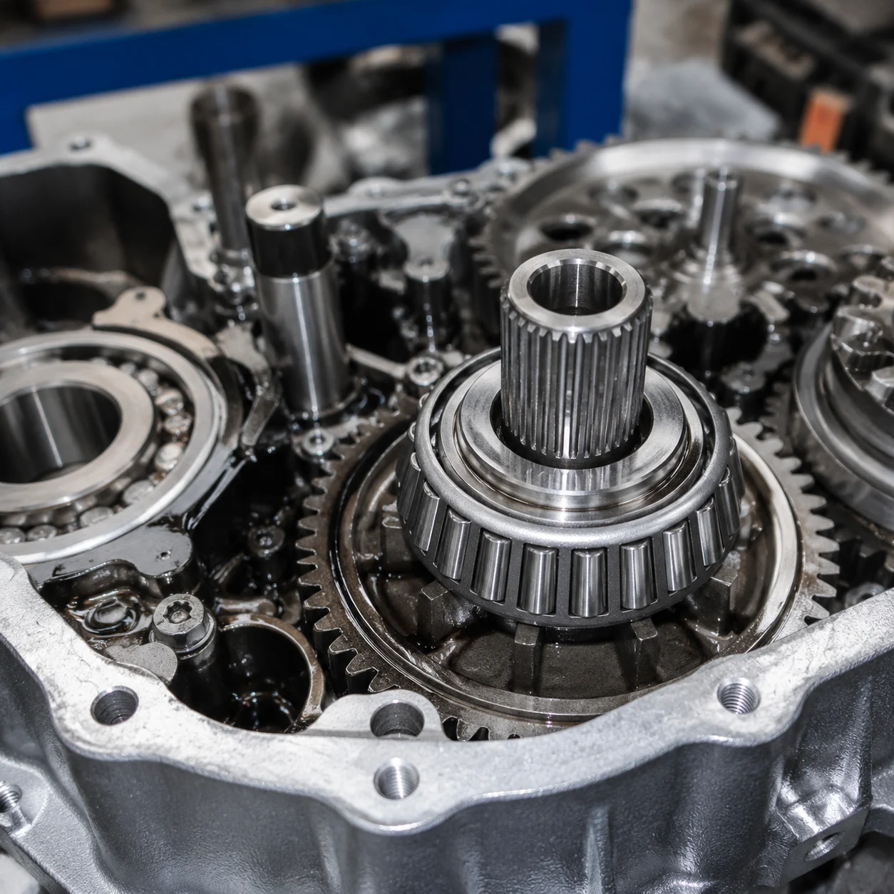Detailed view of automotive drivetrain components and precision bearing applications