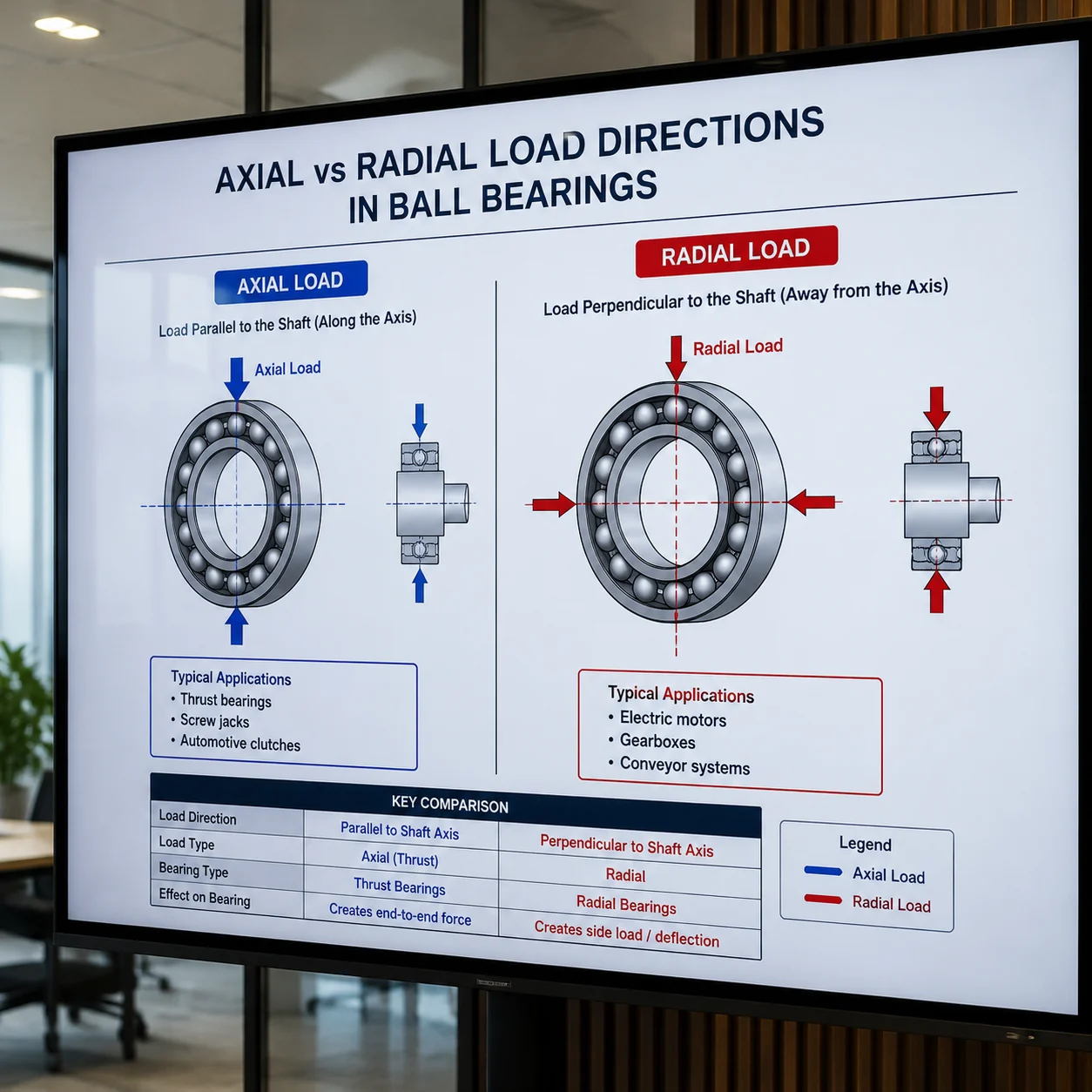 Diagram comparing axial load and radial load directions in bearings