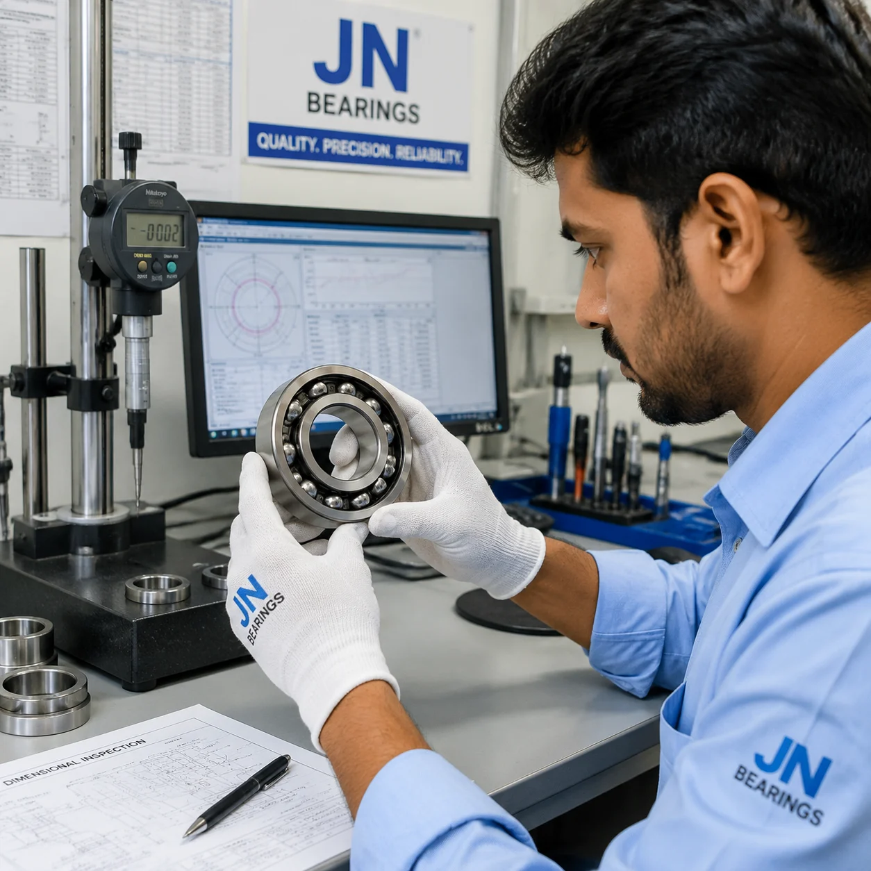 Dimensional inspection of precision ball bearings at JN Bearings facility