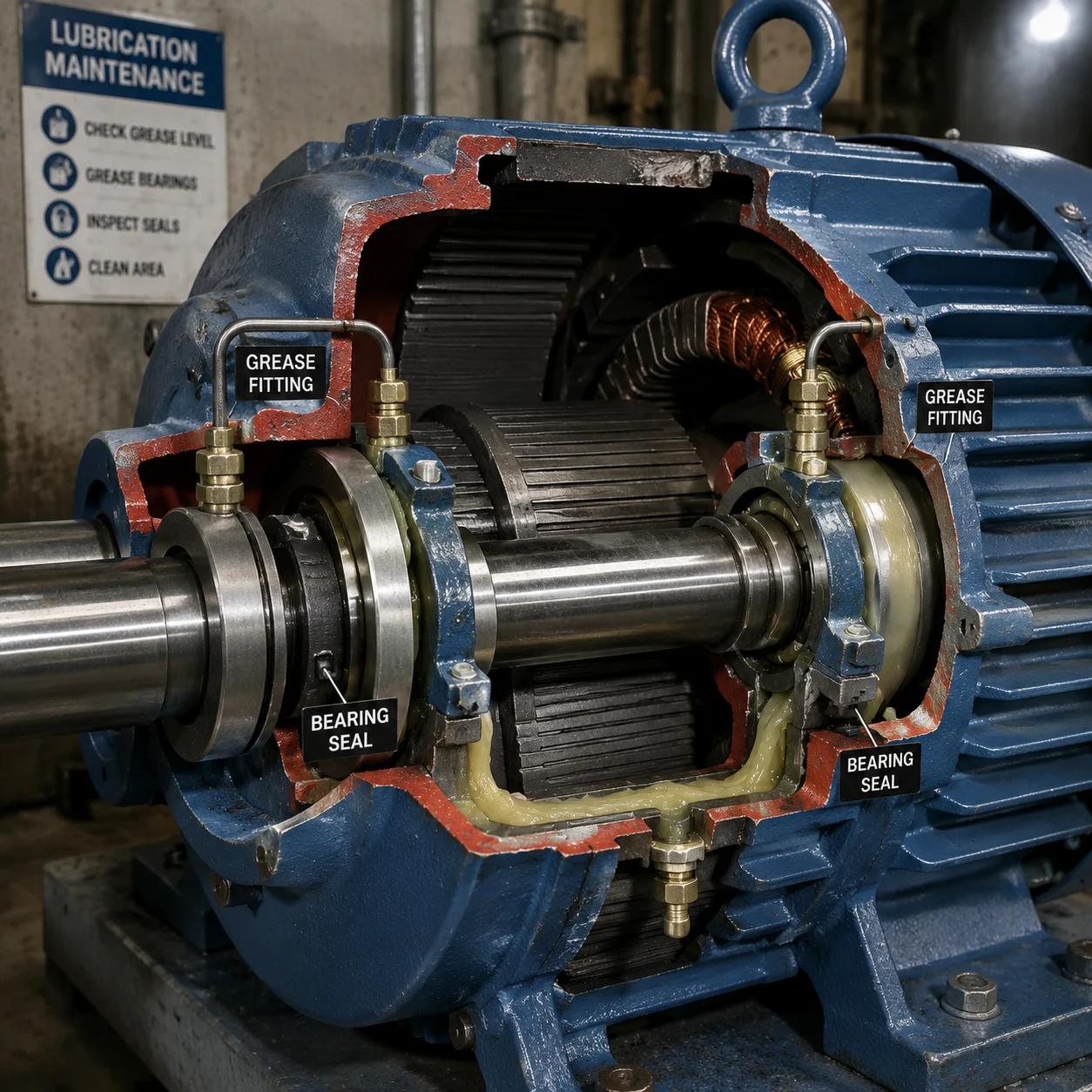 Electric motor bearing lubrication and maintenance for reliability improvement