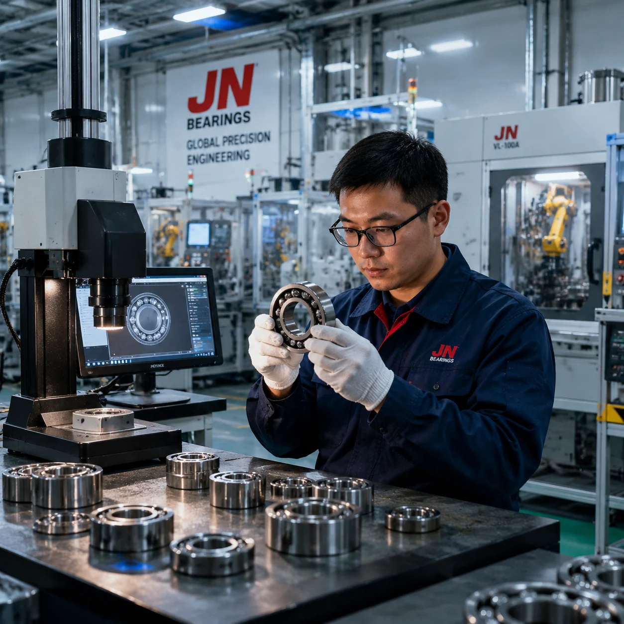 Engineer conducting quality inspection of precision ball bearings at JN Bearings manufacturing facility