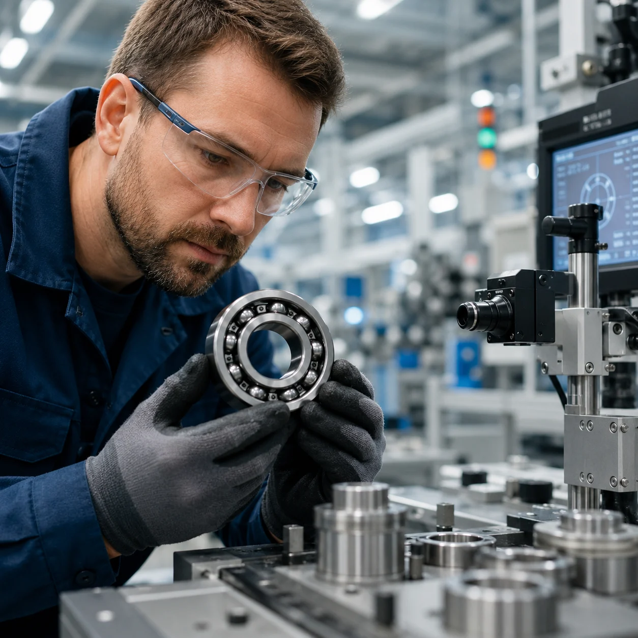 Engineer examining a precision ball bearing during OEM quality inspection at JN Bearings manufacturing facility