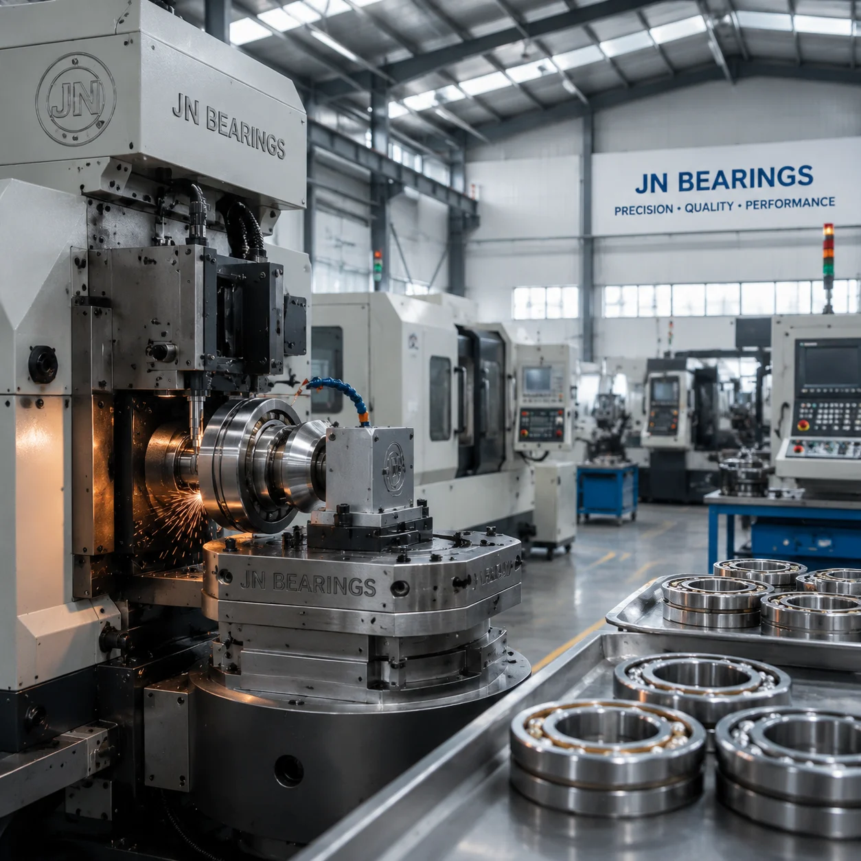 Engineer inspecting precision ball bearings on a modern manufacturing line at JN Bearings facility