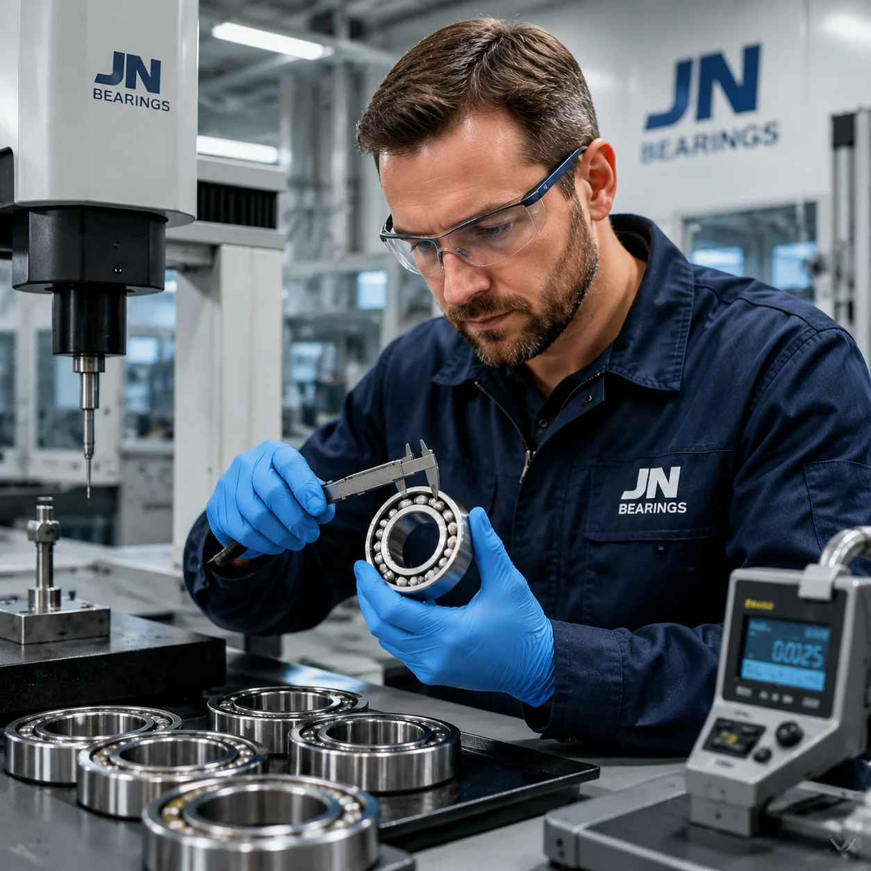 Engineer performing OEM quality inspection on precision bearings at JN Bearings facility
