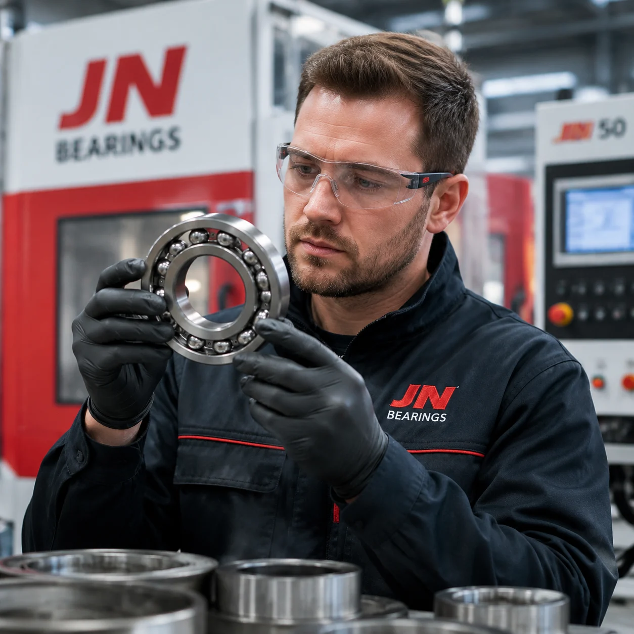 Engineer performing precision quality inspection on a ball bearing at JN Bearings manufacturing facility