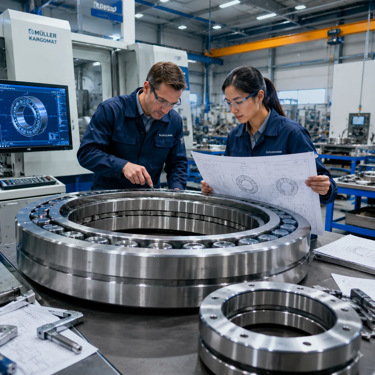 Engineers inspecting custom precision ball bearings for OEM production