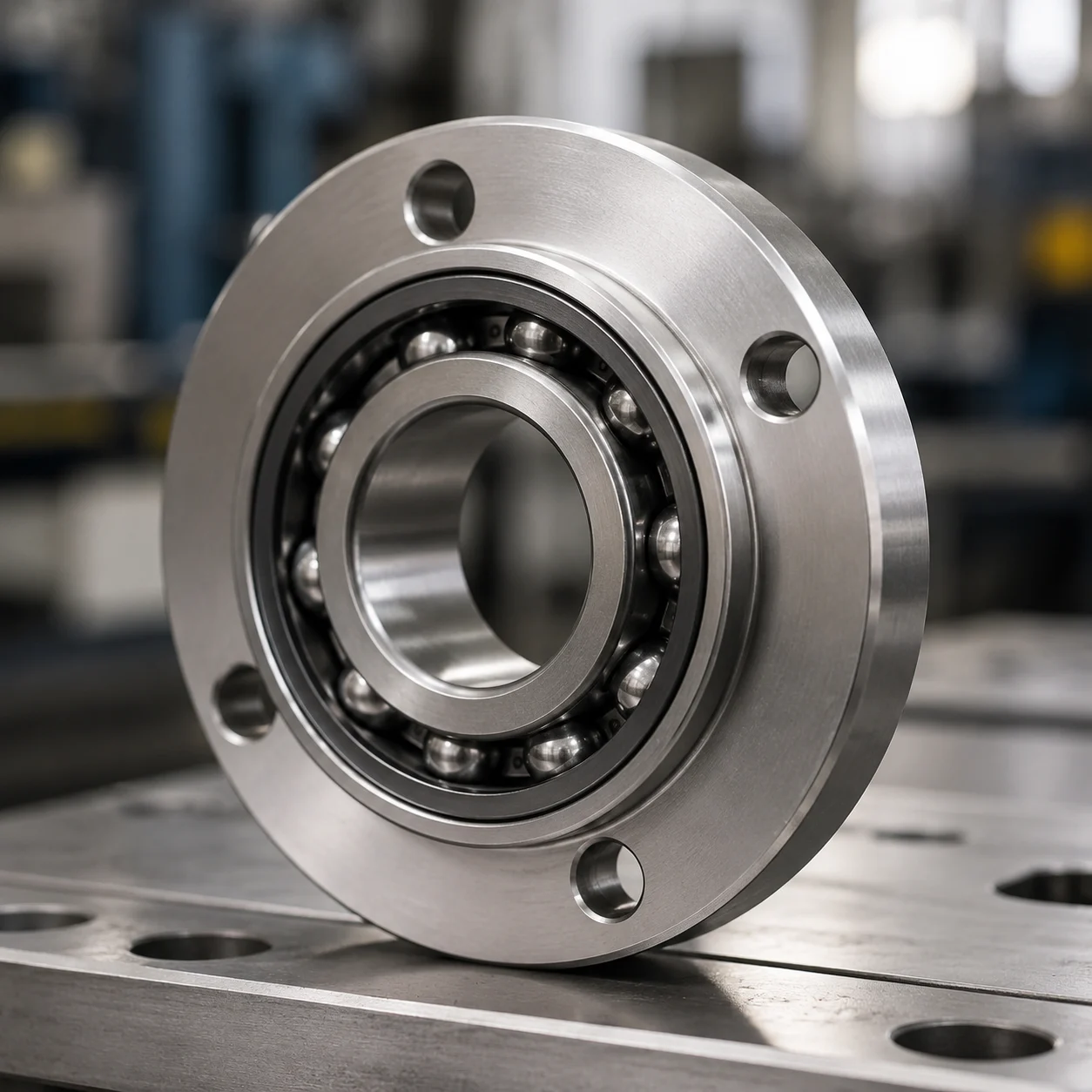 Flanged ball bearings close-up showing precision outer ring flange detail