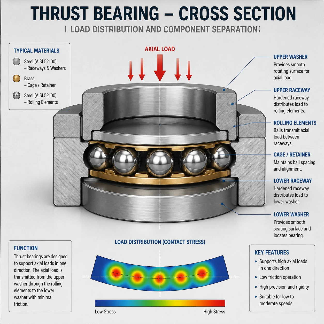 Force distribution through the components of thrust ball bearings