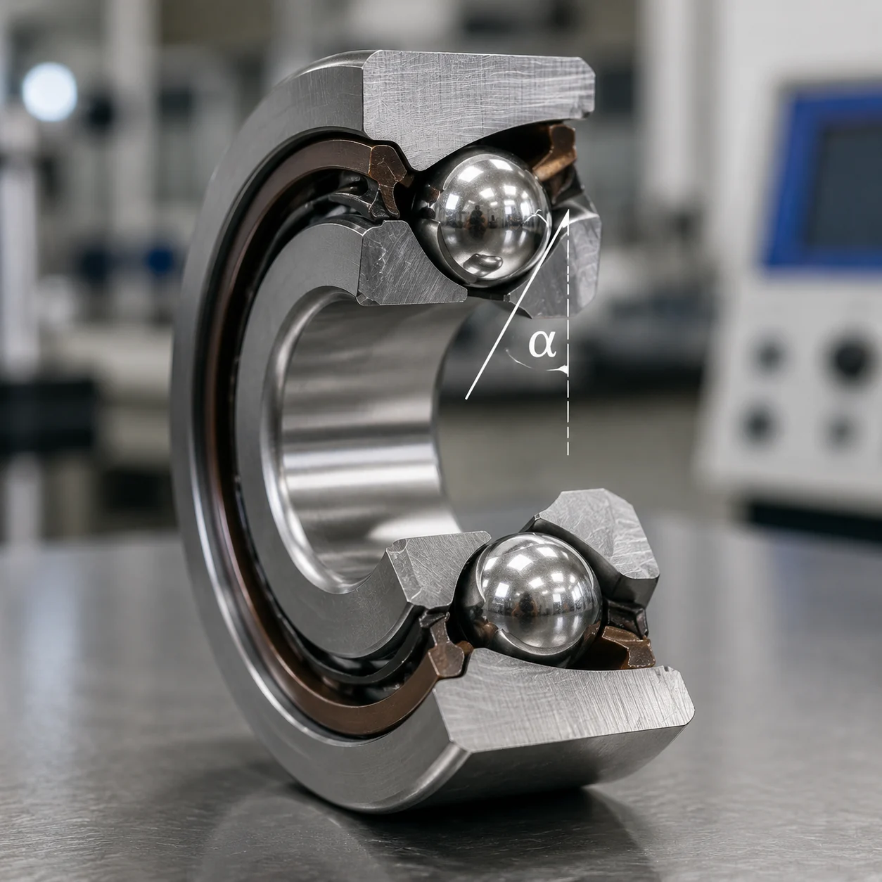 High precision angular contact bearings installed in a heavy-duty industrial spindle