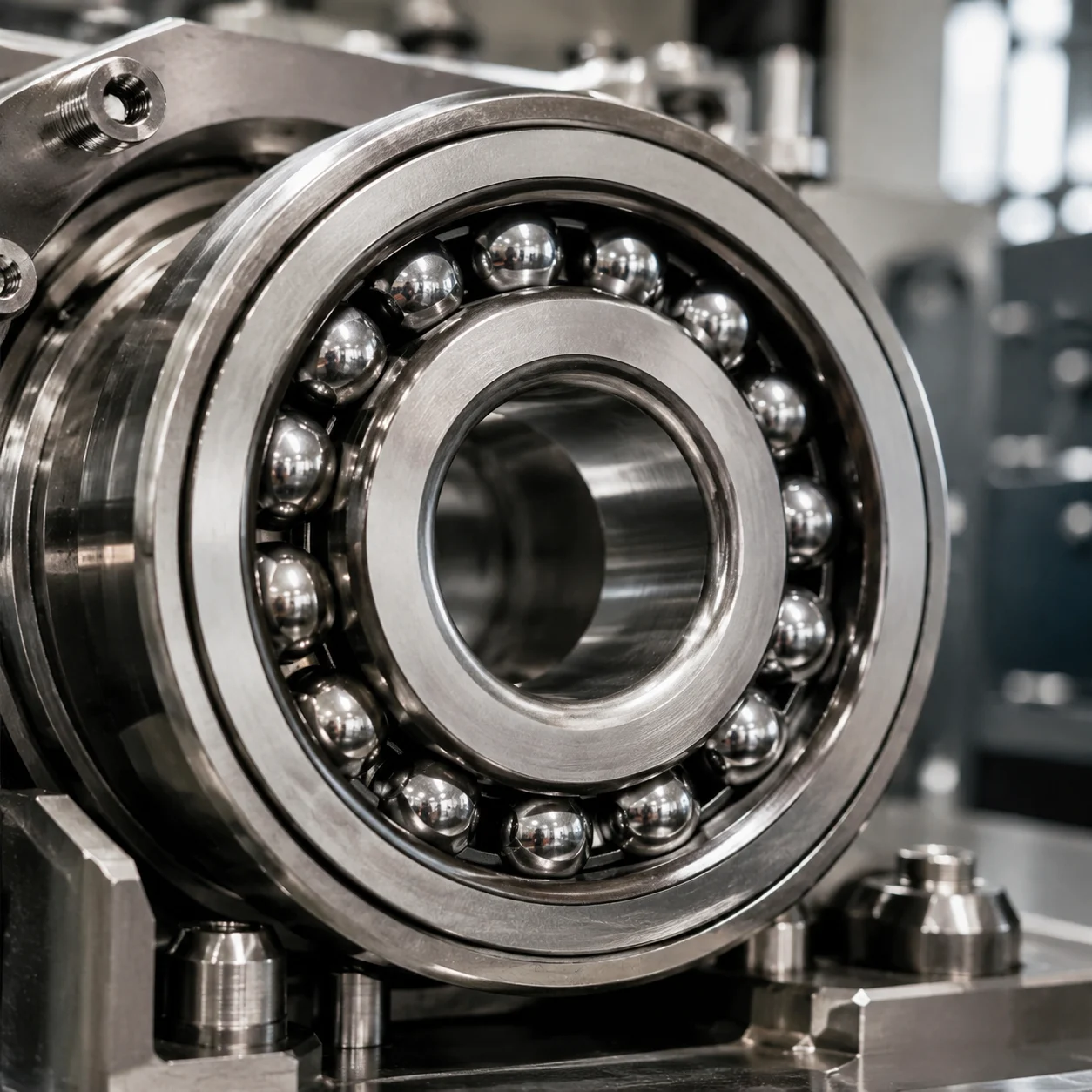 Industrial deep groove ball bearings close-up showing inner ring, outer ring, steel balls, and cage assembly