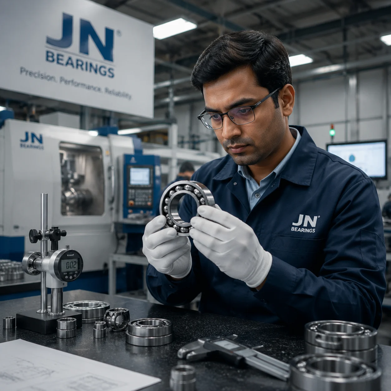 JN Bearings engineer inspecting a precision ball bearing in a modern manufacturing facility