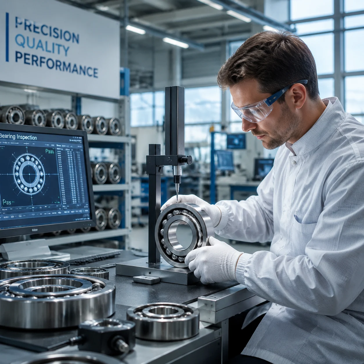 JN Bearings engineer inspecting precision bearings at manufacturing facility