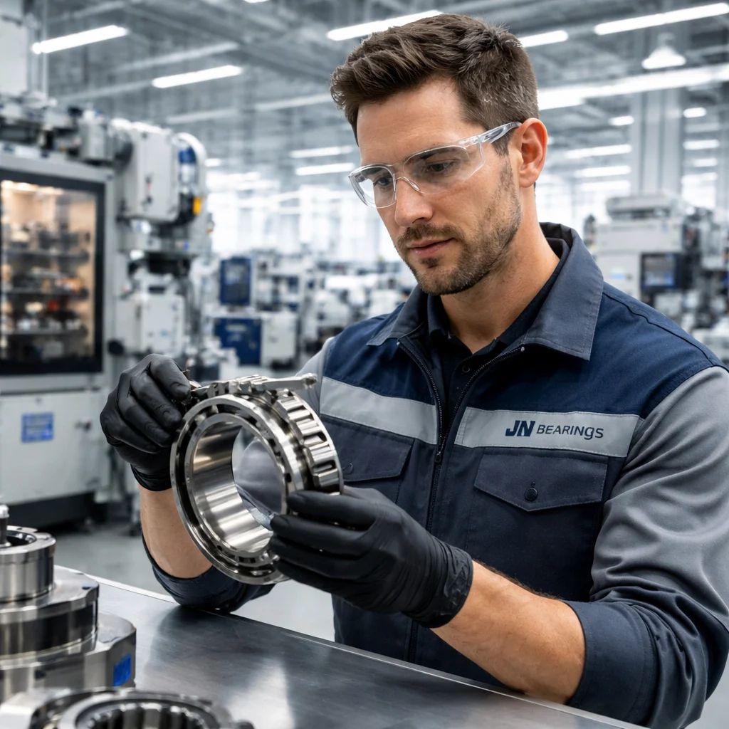 JN Bearings engineer performing quality inspection at a certified bearing manufacturing facility