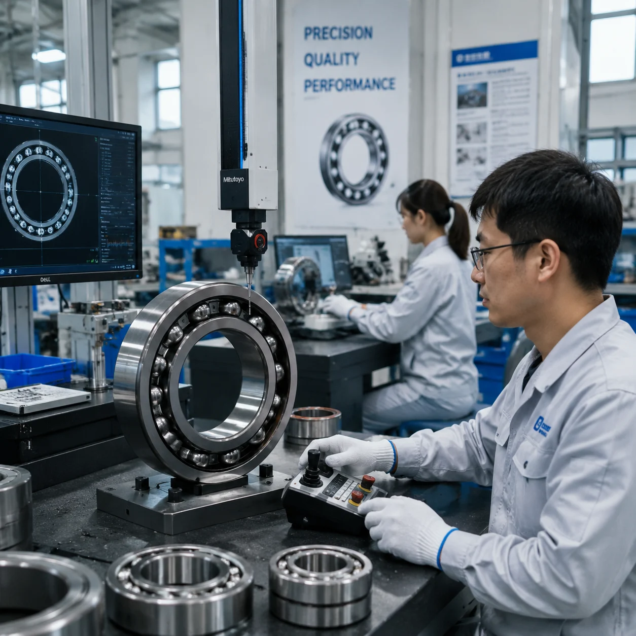 JN Bearings engineers conducting precision ball bearing quality testing in the manufacturing facility