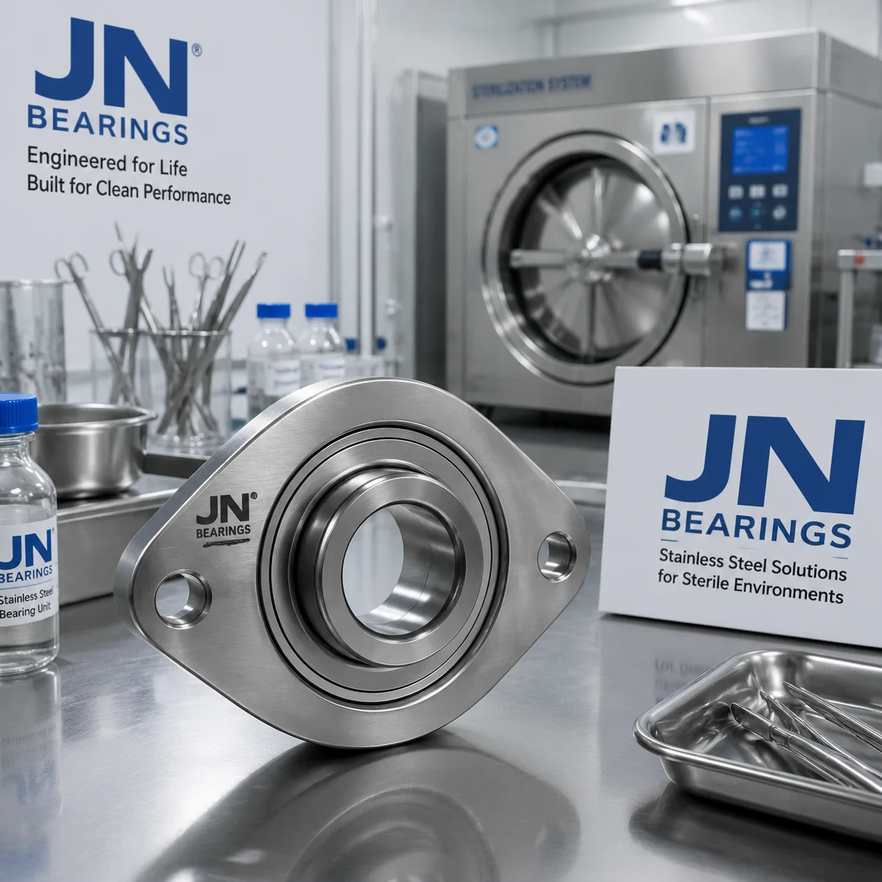 Medical equipment bearings with stainless steel flange