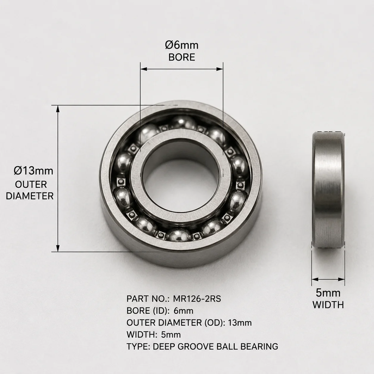 Miniature precision ball bearing dimensions and internal radial clearance visualization
