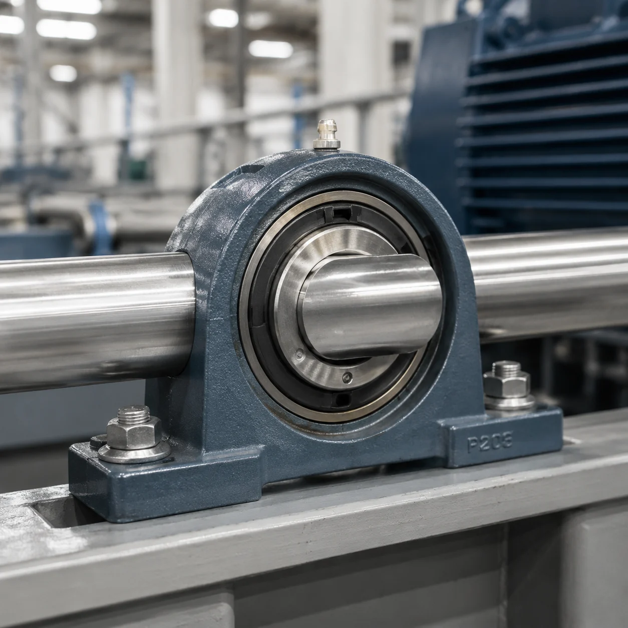 Mounted bearing inserts cross-section showing self-aligning pillow block bearing design