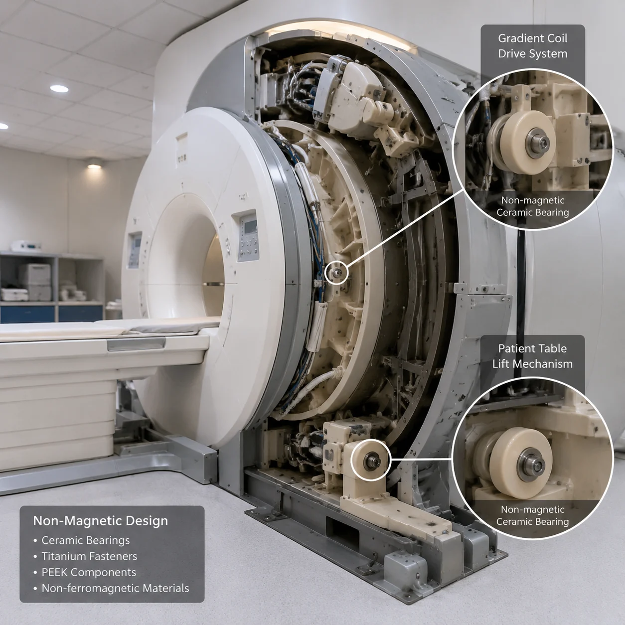 Non-magnetic ceramic bearings for medical MRI and laboratory devices
