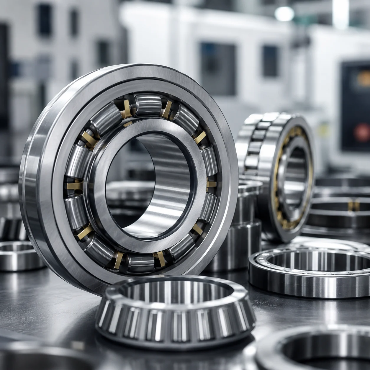Precision manufacturing environment showing bearing components under controlled conditions