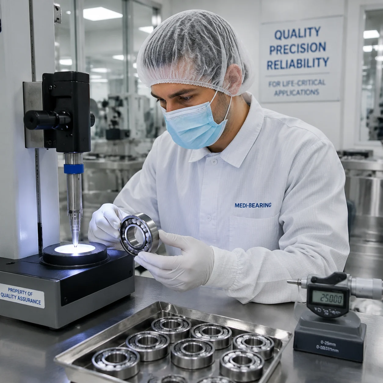 Precision stainless steel bearings undergoing rigorous quality inspection for medical equipment