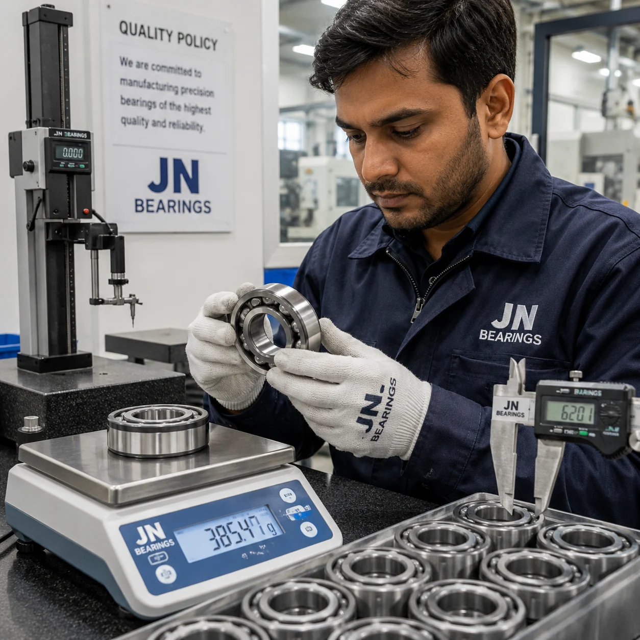 Quality control engineer inspecting precision bearings in a bearing manufacturing facility
