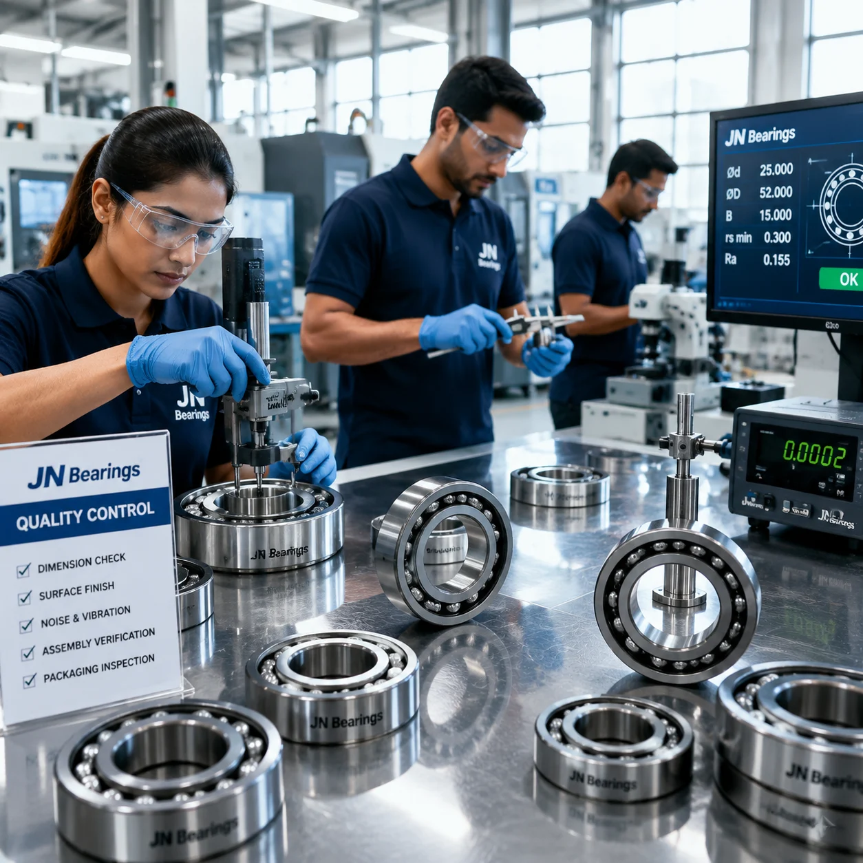 Quality control team reviewing bearing manufacturing processes at the factory floor