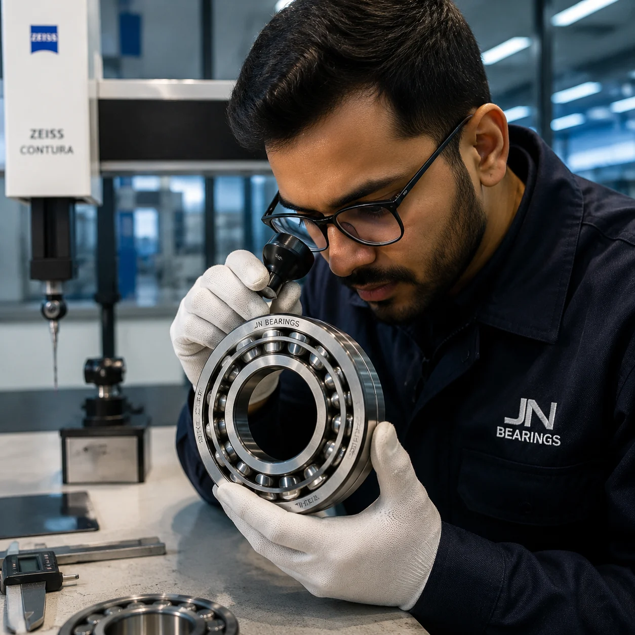 Quality engineer performing precision ball bearing inspection in JN Bearings manufacturing facility