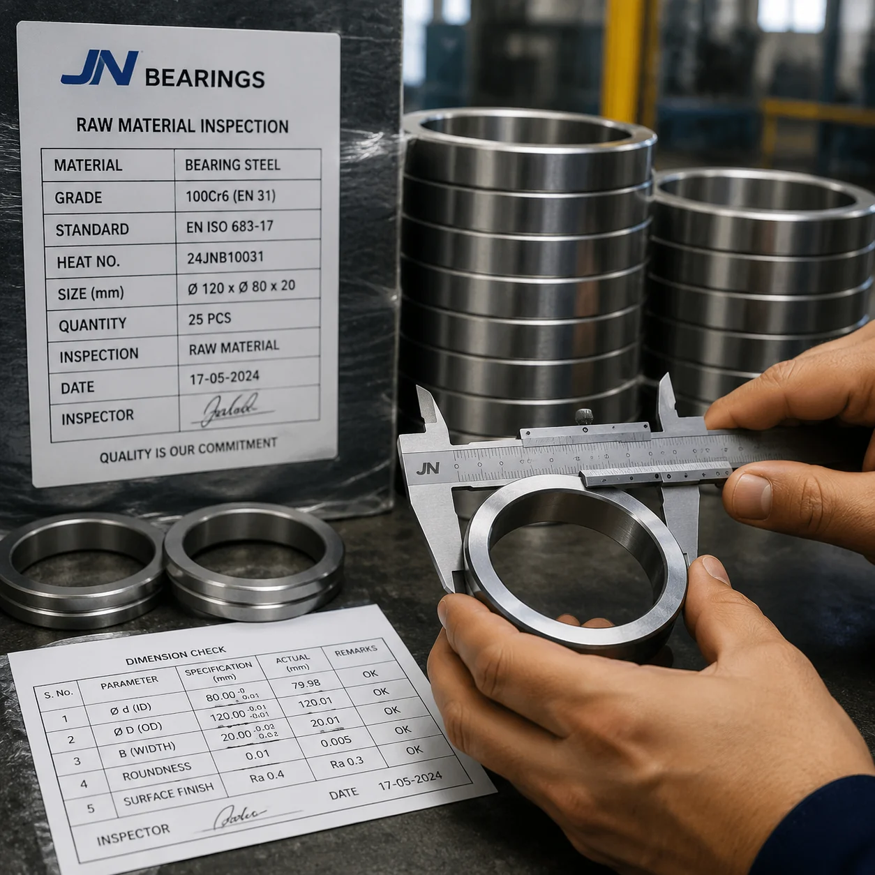 Raw material inspection and specification verification at JN Bearings
