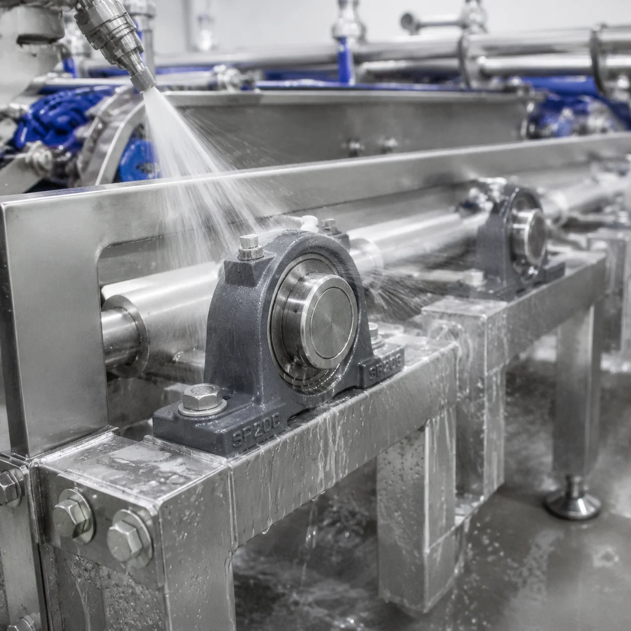 Stainless steel and thermoplastic pillow block bearing units for food processing lines