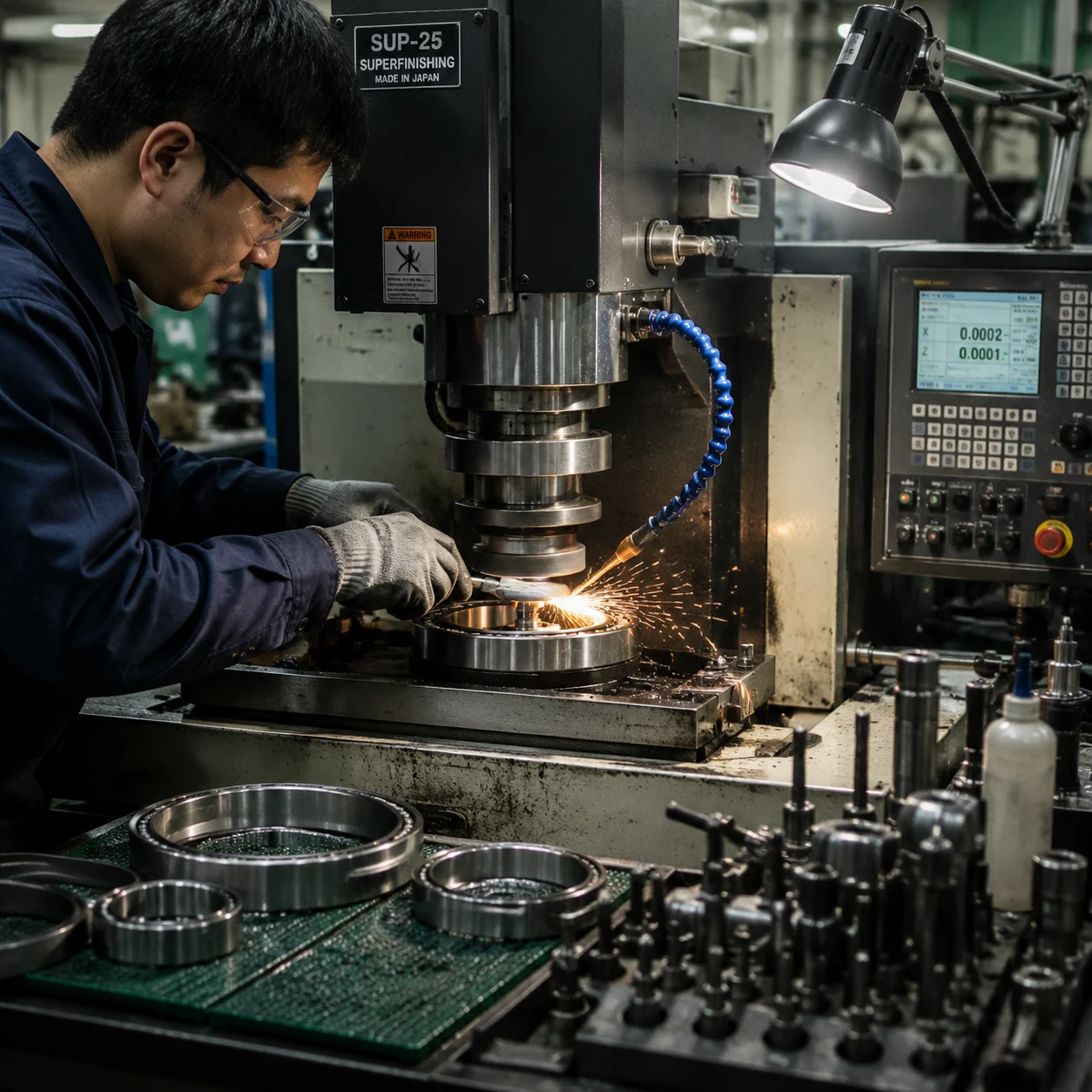 Superfinishing process for deep groove ball bearings to reduce friction and noise