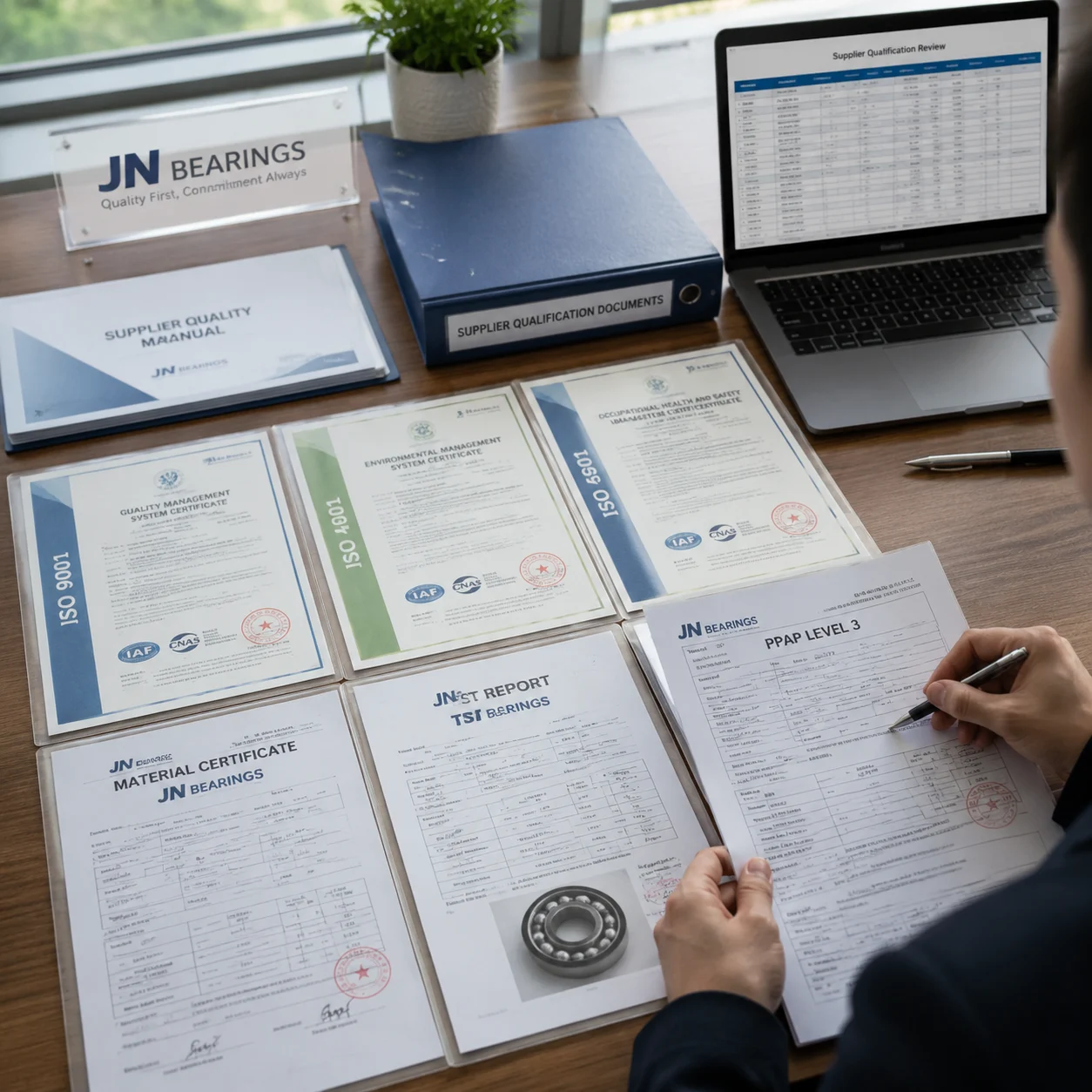 Supplier qualification and procurement review documents at JN Bearings