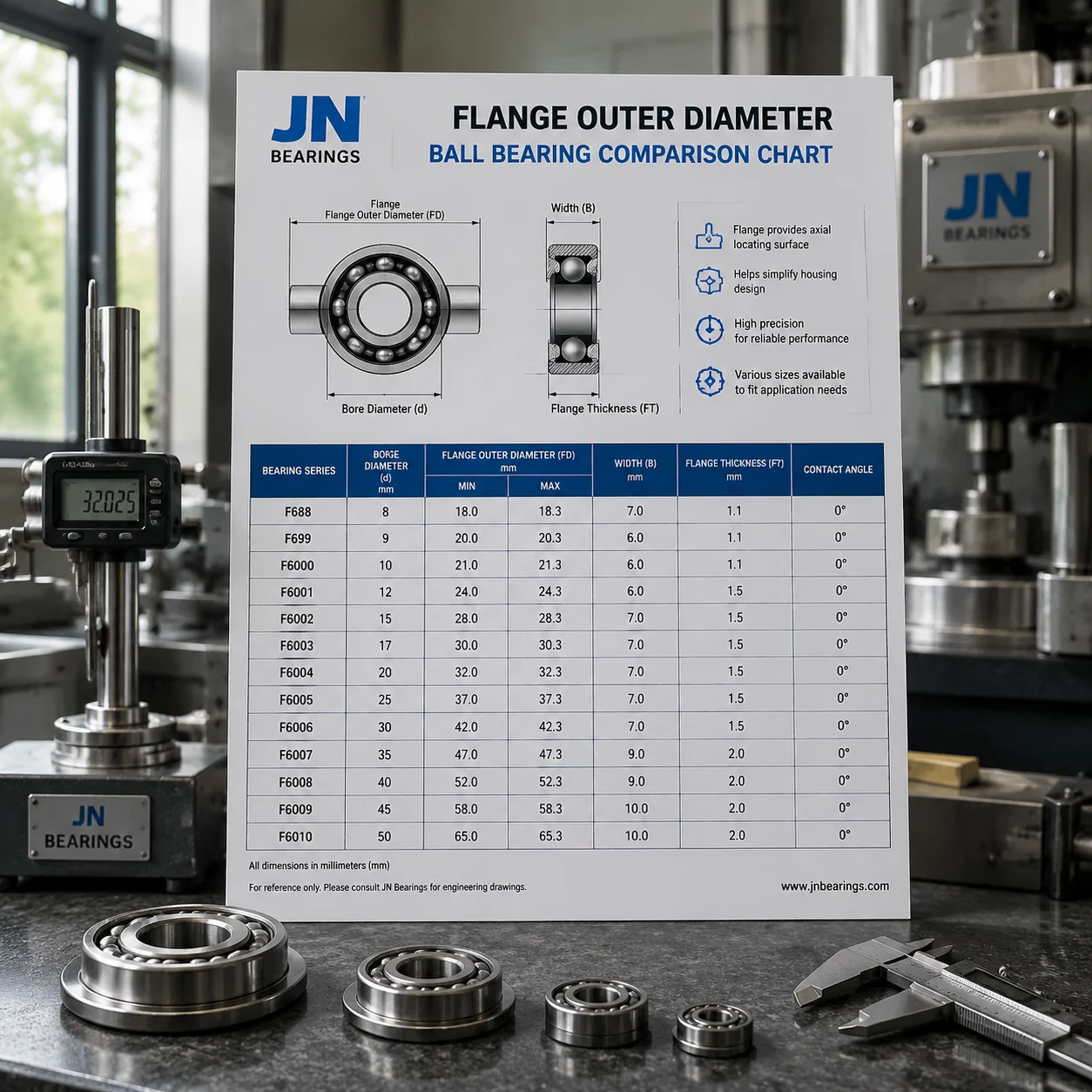 Technical comparison of flange outer diameter and standard ball bearings by JN Bearings